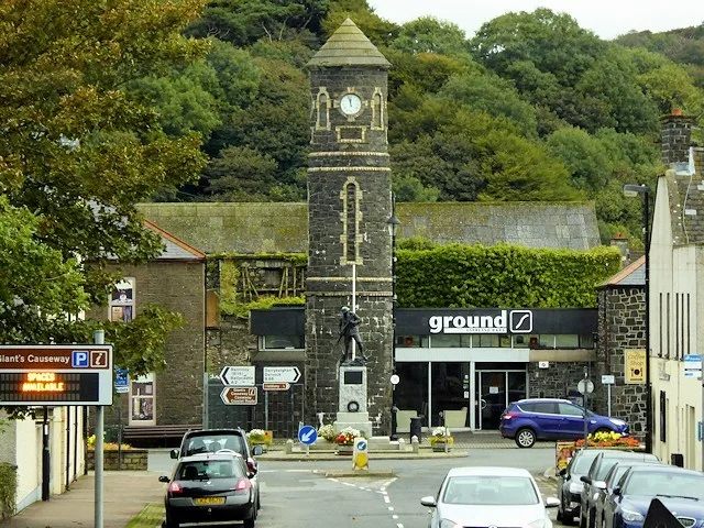 Clock tower and village streets in Bushmills