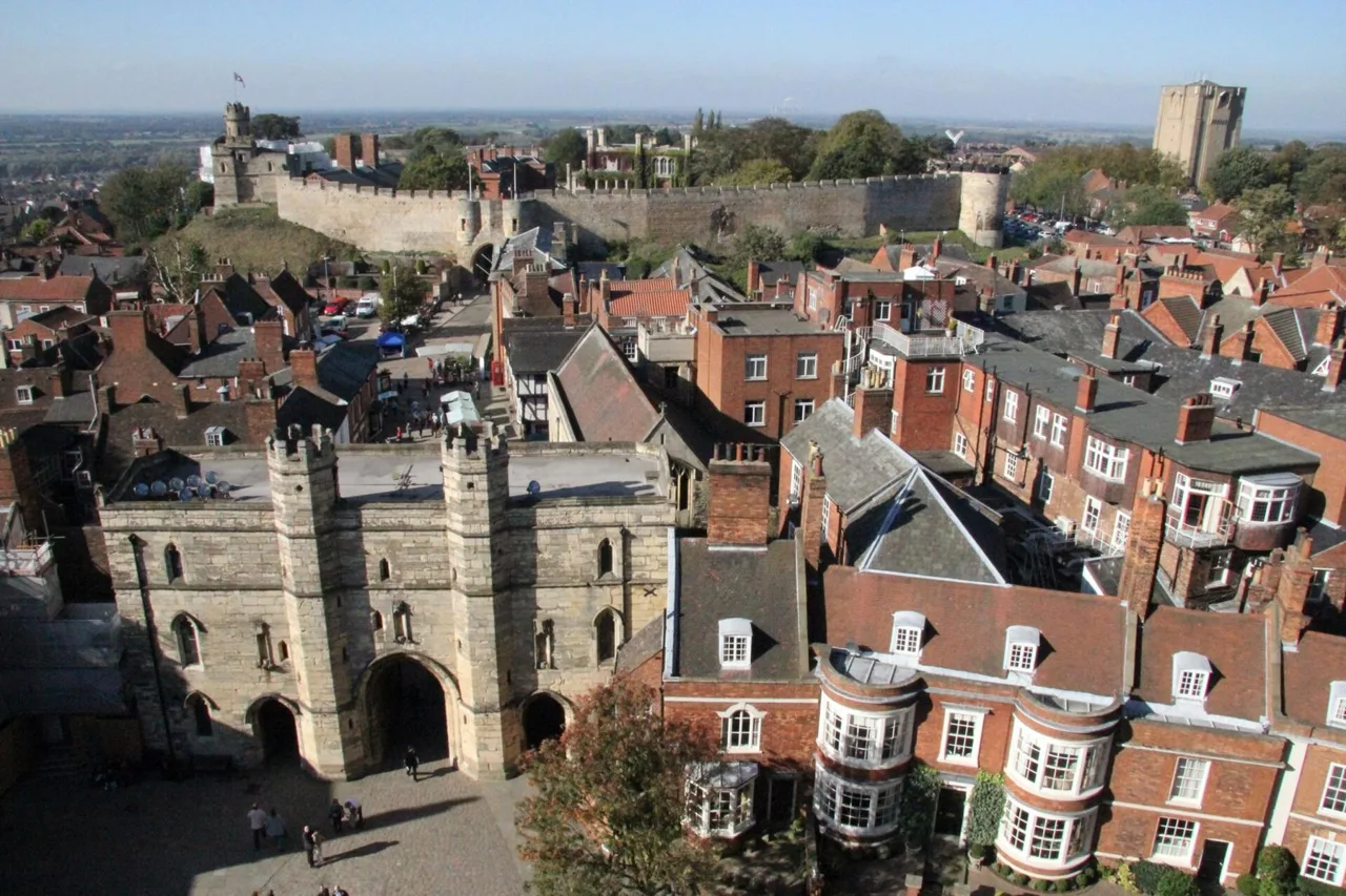 Lincoln Castle and the surrounding Cathedral Quarter viewed from above
