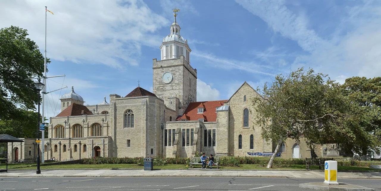 Portsmouth Cathedral’s tower and stone exterior on Old Portsmouth’s High Street