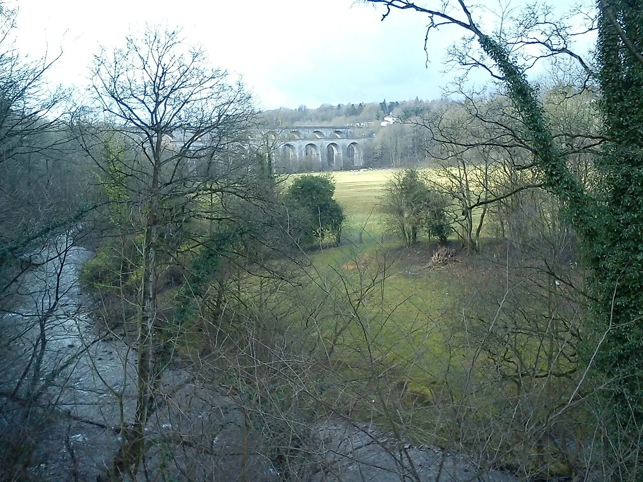 The River Ceiriog from Chirk Bank, with the aqueduct and viaduct in the distance
