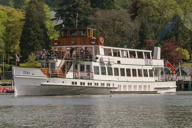 Windermere Lake Cruises vessel Teal moored at Bowness in 2019; vessels vary by route