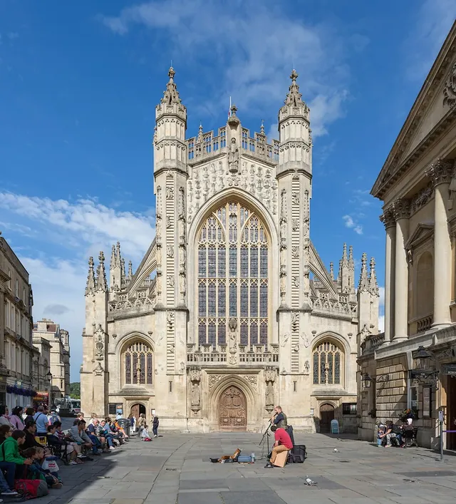 The west front and towers of Bath Abbey from Abbey Churchyard